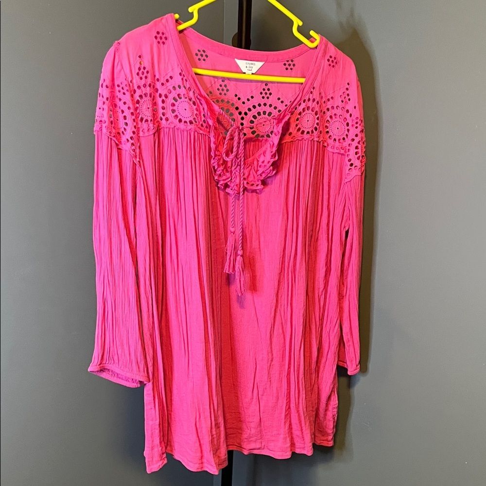 Crown & Ivy Pink Blouse with Lace Accents